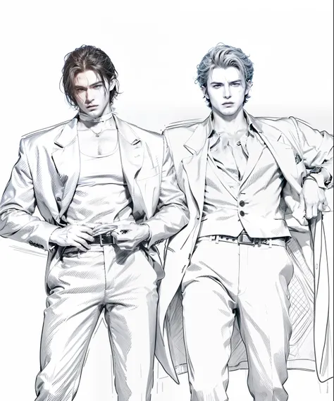 A drawing of two men in suits standing side by side., Two handsome anime guys, Petros and Leonids, Edmund Blair และ Charlie Bowater, Albert Wesker and Chris Redfield, Drawn in neo-noir style., Neo Black Style, Sirius A และ Sirius B, Kentaro Miura&#39;s man...