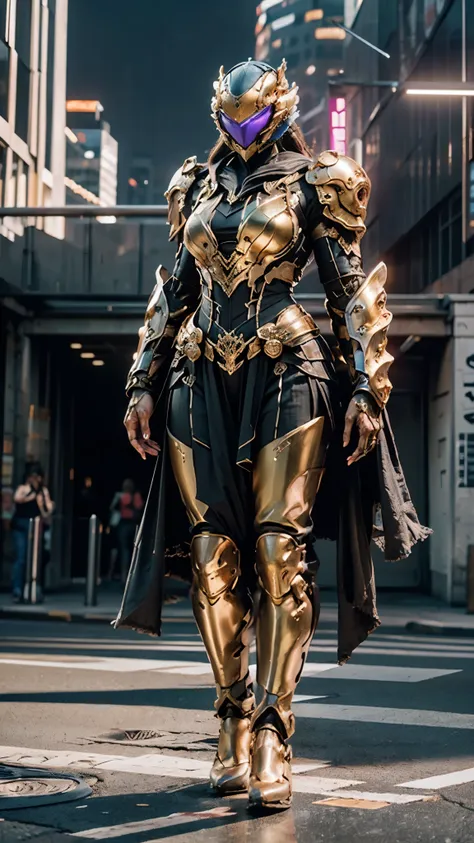 a woman adorned in fantasy-style full-body armor, a crown-concept fully enclosed helmet that unveils only her eyes, a composite ...