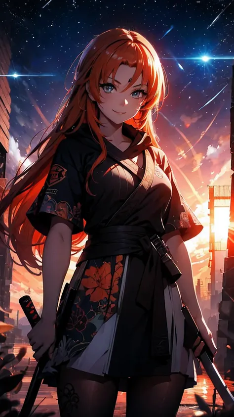 masterpiece , UHD , high definition , detailed eyes, epic background , draw a girl with orange hair , holding a katana, 1 girl , solo , looking at viewer , smiling , 