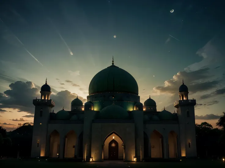 "Generate a captivating theme featuring a moon, mosque background, clouds, and an enchanting green light. Envision a serene night scene where the crescent moon shines against a softly lit sky, adorned with clouds and bathed in a gentle green glow. Request ...