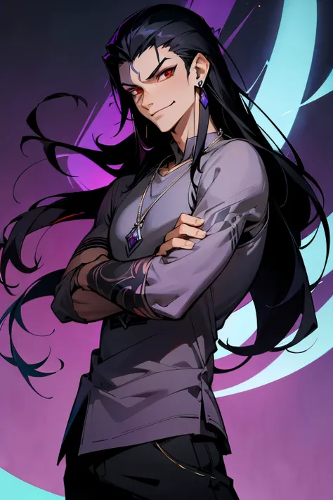 avatar,long black hair, silver necklace, purple shirt, earrings, tattoo, young male, smirking, red eyes,
