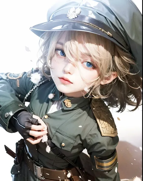 girl, blonde messy hair, in WW1 German Military uniform, big ice blue eyes, Tanya von Degurechaff