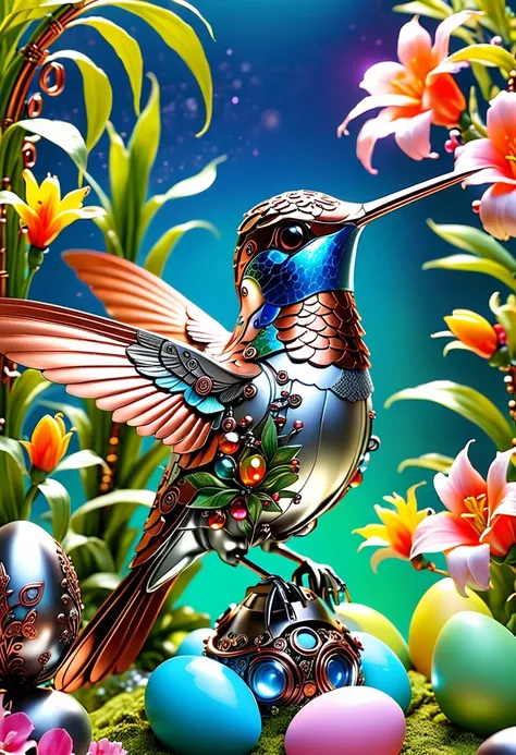 (masterpiece, best quality:1.2), easter style, 一个可爱的机械hummingbird穿着easter style, Made of exquisite copper and silver components,Eyes like glowing gems, Stand in a fantasy garden full of steampunk Easter elements. hummingbirds surrounded by exotic plants a...