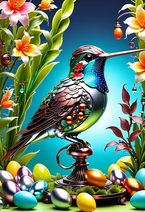 (masterpiece, best quality:1.2), easter style, 一个可爱的机械hummingbird穿着easter style, Made of exquisite copper and silver components,Eyes like glowing gems, Stand in a fantasy garden full of steampunk Easter elements. hummingbirds surrounded by exotic plants a...
