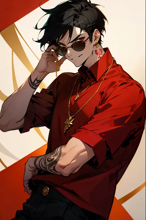 avatar,short black hair, golden necklace, red shirt, earrings, tattoo, young male, sunglasses up, smirking, red eyes,
