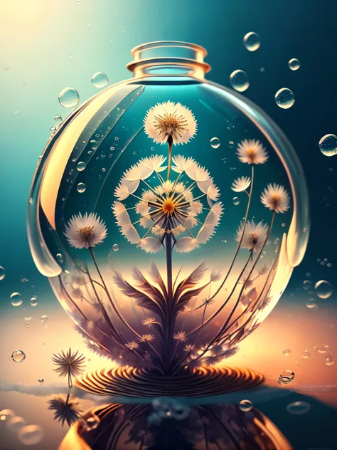 ((dandelion inside a highly detailed and perfect glass bubble: 1.5)), (in the depths of the ocean: 1.4), (marine animals, absolu...