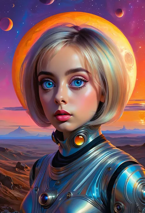 [(front portrait: young Valerie Tramell with big eyes)((Alex_Horley style))):20]/[background:amazing exoplanet landscape naive avant-garde (alien moonlight sunset), style Alfred-Wallis], very colorful,((oil painting)),((masterpiece)),single shot