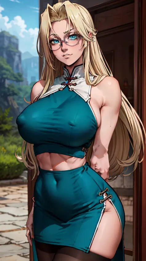 intricate details, 1girl, intehra hellsing, aged up, detailed teal blue eyes, detailed Chinese dress, midriff, detailed stockings, outside, nature, detailed background, cowboy shot, nude breasts, bare breasts, boob window, breast window, colorful, arms beh...