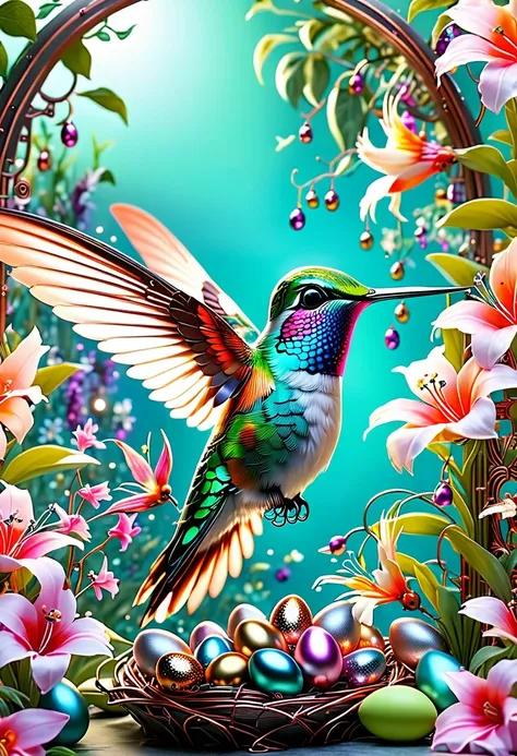 (masterpiece, best quality:1.2),五颜六色的hummingbird和巢,pastel tones,light style,Comfortable and calm,nature,Warm and comfortable,garden,超详细的masterpiece, Dynamic, high quality,Floating Extra Large Ethereal Dream DonMW15pXL,easter style, 一个可爱的机械hummingbird穿着eas...