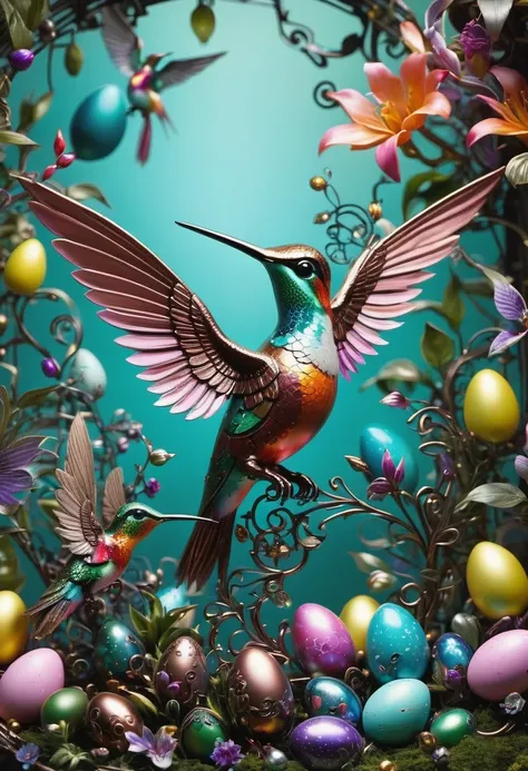 (masterpiece, best quality:1.2), easter style,  一个可爱的机械hummingbird穿着easter style, Made of exquisite copper and silver components，Eyes like glowing gems, Stand in a fantasy garden full of steampunk Easter elements. hummingbirds surrounded by exotic plants a...