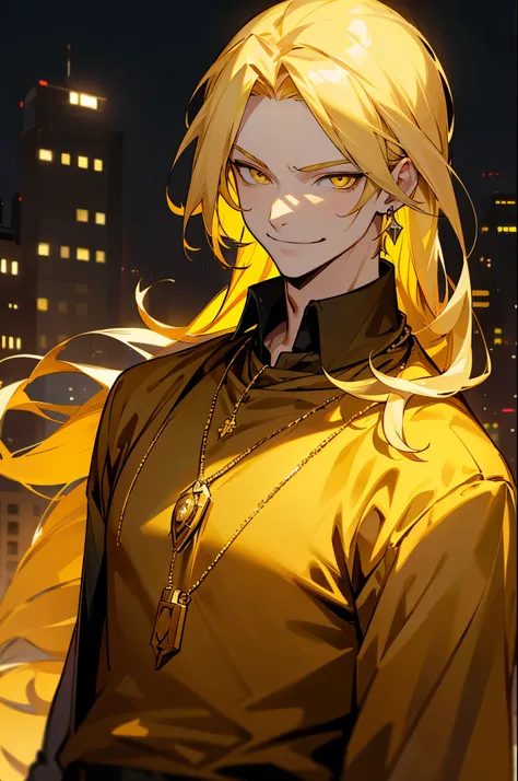 avatar, long blonde hair, golden necklace, yellow shirt, earrings, young male, smirking, yellow eyes, city background
