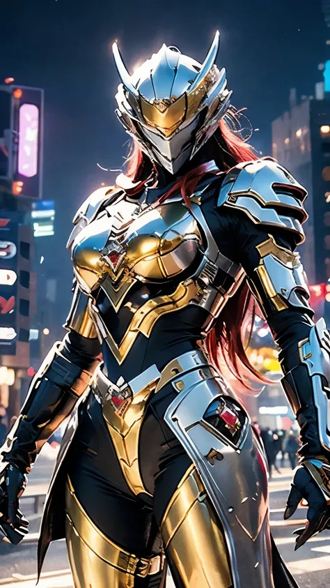 A woman adorned in fantasy-style full-body armor, a crown-concept fully enclosed helmet that unveils only her eyes, a composite layered chest plate, fully encompassing shoulder and hand guards, a lightweight waist armor, form-fitting shin guards, the overa...