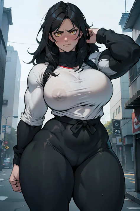 sad girl muscular muscular muscular breasts breasts breasts thick thick thick thick black hair yellow eyes pale skin pale skin thick thick thick leggings tight shirt long sleeve thick thick thick thick thick thick muscular simple background long and frown ...