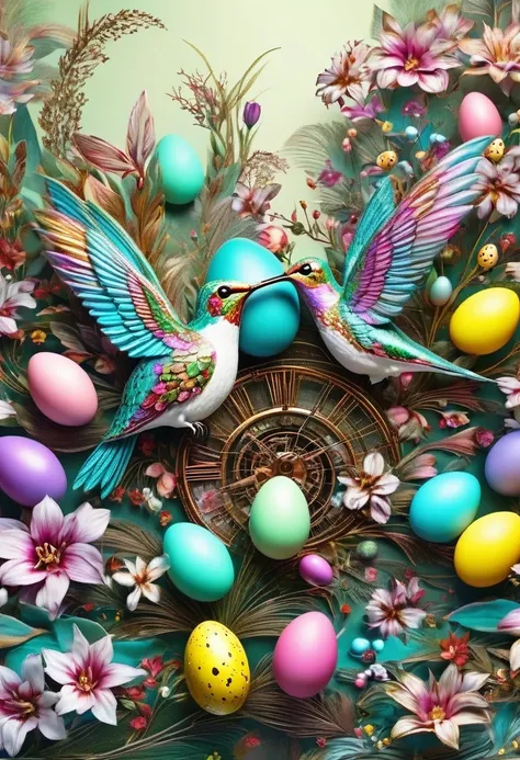 (masterpiece, best quality:1.2), easter style,  一个可爱的机械hummingbird穿着easter style, Made of exquisite copper and silver components，Eyes like glowing gems, Stand in a fantasy garden full of steampunk Easter elements. hummingbirds surrounded by exotic plants a...