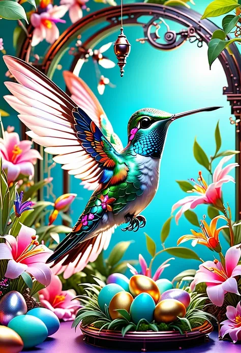 (masterpiece, best quality:1.2),五颜六色的hummingbird和巢,pastel tones,light style,Comfortable and calm,nature,Warm and comfortable,garden,超详细的masterpiece, Dynamic, high quality,Floating Extra Large Ethereal Dream DonMW15pXL,easter style, 一个可爱的机械hummingbird穿着eas...