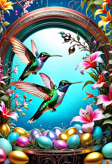 (masterpiece, best quality:1.2),五颜六色的hummingbird和巢,pastel tones,light style,Comfortable and calm,nature,Warm and comfortable,garden,超详细的masterpiece, Dynamic, high quality,Floating Extra Large Ethereal Dream DonMW15pXL,easter style, 一个可爱的机械hummingbird穿着eas...