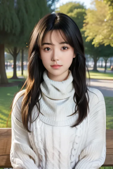 best quality, photorealistic, 8k, high res, full color, 1girl, woman, 20 years old woman, (skindentation), (portrait:0.6), trees, park bench, daylight, ((park background:1.52)), full color, ((necksweater:1.68)), straight-looking at viewer:1.8, (1girl eyes ...