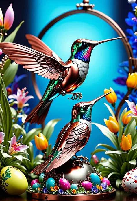(masterpiece, best quality:1.2), easter style, 一个可爱的机械hummingbird穿着easter style, Made of exquisite copper and silver components,Eyes like glowing gems, Stand in a fantasy garden full of steampunk Easter elements. hummingbirds surrounded by exotic plants a...