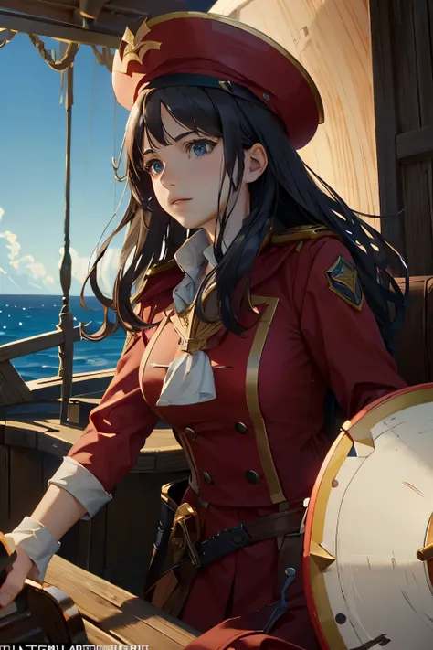 a powerful captain, dressed in red clothing, wears a large hat on the deck of a mar (boat) in the open sea. the scene is filled ...