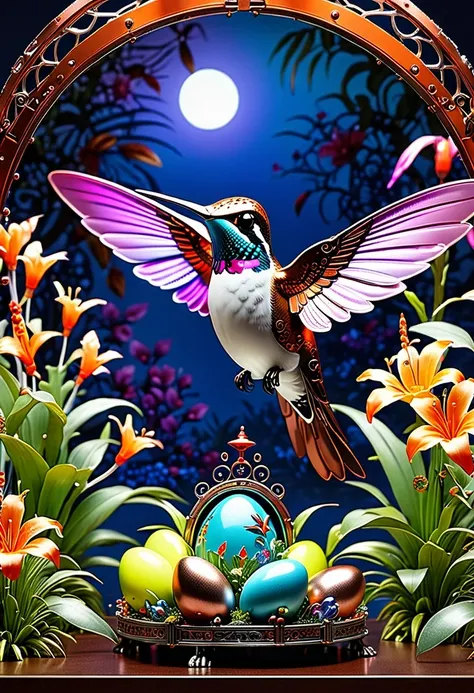 (masterpiece, best quality:1.2), easter style,  一个可爱的机械hummingbird穿着easter style, Made of exquisite copper and silver components，Eyes like glowing gems, Stand in a fantasy garden full of steampunk Easter elements. hummingbirds surrounded by exotic plants a...