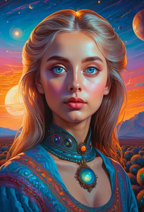 [(front portrait: young Maria Lopukhina with big eyes)((Andrew Ferez style))):20]/[(background:amazing exoplanet landscape naive art (alien moonlight sunset), style Amanda-Sage)], very colorful,((oil painting)),((masterpiece)),single shot