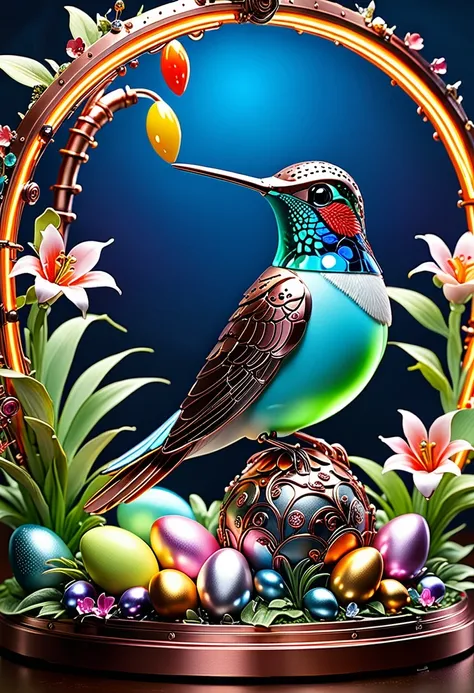 (masterpiece, best quality:1.2), easter style, 一个可爱的机械hummingbird穿着easter style, Made of exquisite copper and silver components,Eyes like glowing gems, Stand in a fantasy garden full of steampunk Easter elements. hummingbirds surrounded by exotic plants a...