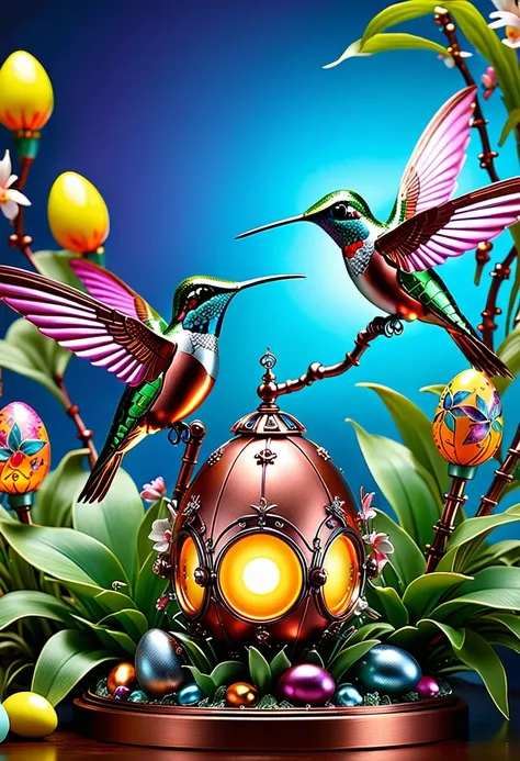 (masterpiece, best quality:1.2), easter style,  一个可爱的机械hummingbird穿着easter style, Made of exquisite copper and silver components，Eyes like glowing gems, Stand in a fantasy garden full of steampunk Easter elements. hummingbirds surrounded by exotic plants a...