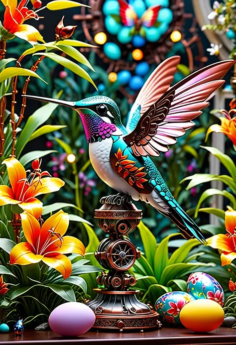 (masterpiece, best quality:1.2), easter style, 一个可爱的机械hummingbird穿着easter style, Made of exquisite copper and silver components,Eyes like glowing gems, Stand in a fantasy garden full of steampunk Easter elements. hummingbirds surrounded by exotic plants a...