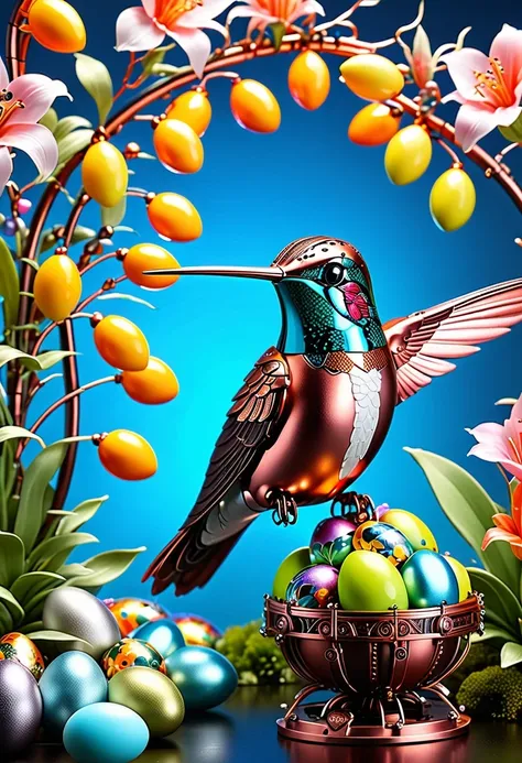 (masterpiece, best quality:1.2), easter style,  一个可爱的机械hummingbird穿着easter style, Made of exquisite copper and silver components，Eyes like glowing gems, Stand in a fantasy garden full of steampunk Easter elements. hummingbirds surrounded by exotic plants a...