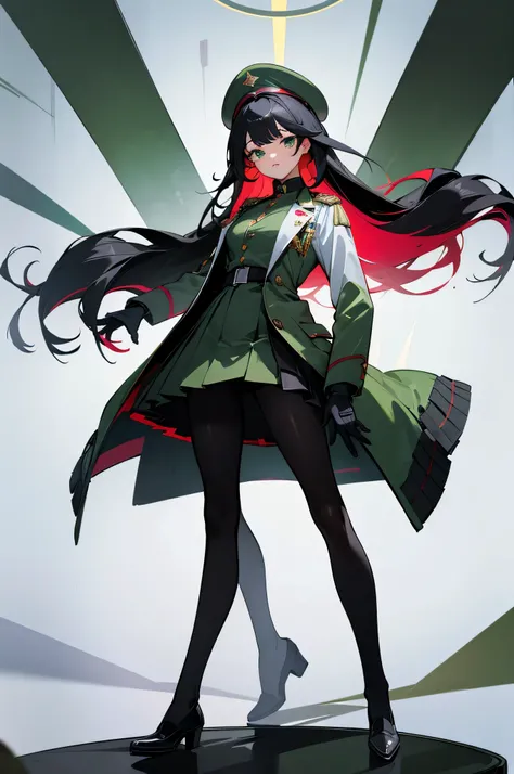 (masterpiece), best quality, expressive eyes, perfect face, 1girl full_body bare_legs black_hair green_eyes long_hair looking_at_viewer multicolored_hair pantyhose solo two-tone_hair military military_uniform skirt gloves white_jacket black_gloves