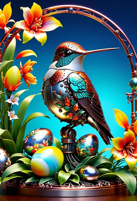 (masterpiece, best quality:1.2), easter style, 一个可爱的机械hummingbird穿着easter style, Made of exquisite copper and silver components,Eyes like glowing gems, Stand in a fantasy garden full of steampunk Easter elements. hummingbirds surrounded by exotic plants a...