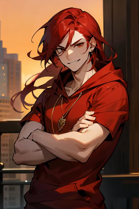 avatar, long red hair, golden necklace, red shirt, earrings, young male, smirking, brown eyes, city background, red hoodie
