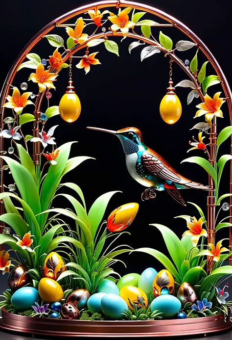 (masterpiece, best quality:1.2), easter style,  一个可爱的机械hummingbird穿着easter style, Made of exquisite copper and silver components，Eyes like glowing gems, Stand in a fantasy garden full of steampunk Easter elements. hummingbirds surrounded by exotic plants a...