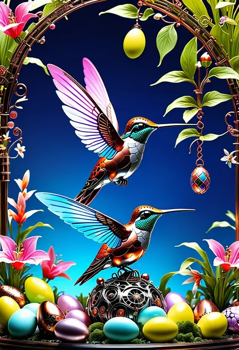 (masterpiece, best quality:1.2), easter style, 一个可爱的机械hummingbird穿着easter style, Made of exquisite copper and silver components,Eyes like glowing gems, Stand in a fantasy garden full of steampunk Easter elements. hummingbirds surrounded by exotic plants a...