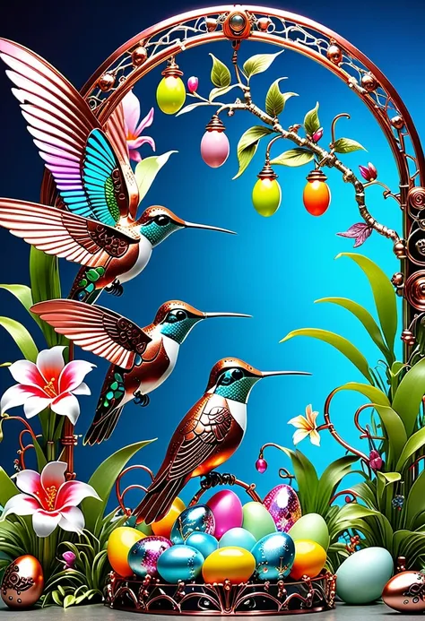 (masterpiece, best quality:1.2), easter style, 一个可爱的机械hummingbird穿着easter style, Made of exquisite copper and silver components,Eyes like glowing gems, Stand in a fantasy garden full of steampunk Easter elements. hummingbirds surrounded by exotic plants a...