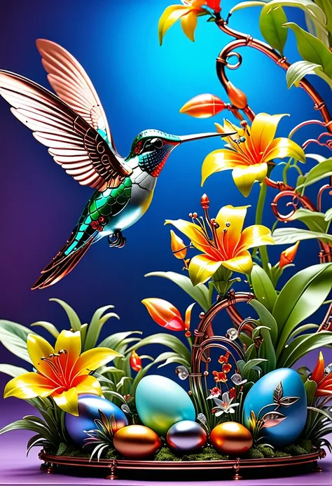 (masterpiece, best quality:1.2), easter style, 一个可爱的机械hummingbird穿着easter style, Made of exquisite copper and silver components,Eyes like glowing gems, Stand in a fantasy garden full of steampunk Easter elements. hummingbirds surrounded by exotic plants a...