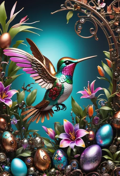 (masterpiece, best quality:1.2), easter style, 一个可爱的机械hummingbird穿着easter style, Made of exquisite copper and silver components,Eyes like glowing gems, Stand in a fantasy garden full of steampunk Easter elements. hummingbirds surrounded by exotic plants a...