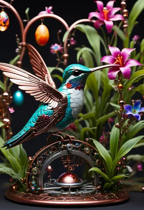 (masterpiece, best quality:1.2), easter style, 一个可爱的机械hummingbird穿着easter style, Made of exquisite copper and silver components,Eyes like glowing gems, Stand in a fantasy garden full of steampunk Easter elements. hummingbirds surrounded by exotic plants a...