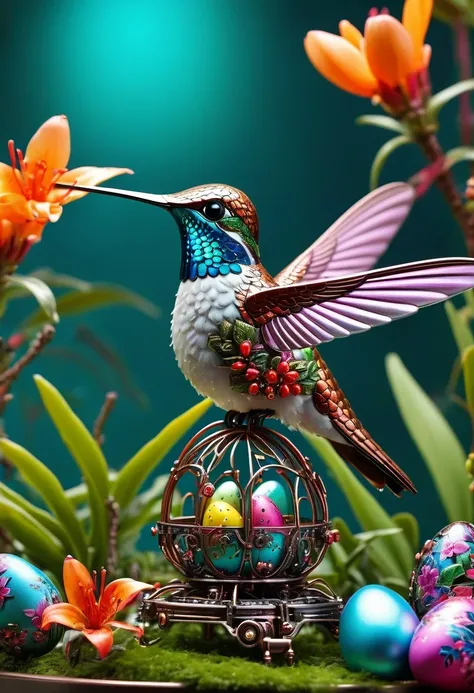 (masterpiece, best quality:1.2), easter style, 一个可爱的机械hummingbird穿着easter style, Made of exquisite copper and silver components,Eyes like glowing gems, Stand in a fantasy garden full of steampunk Easter elements. hummingbird holding an easter egg,Surround...
