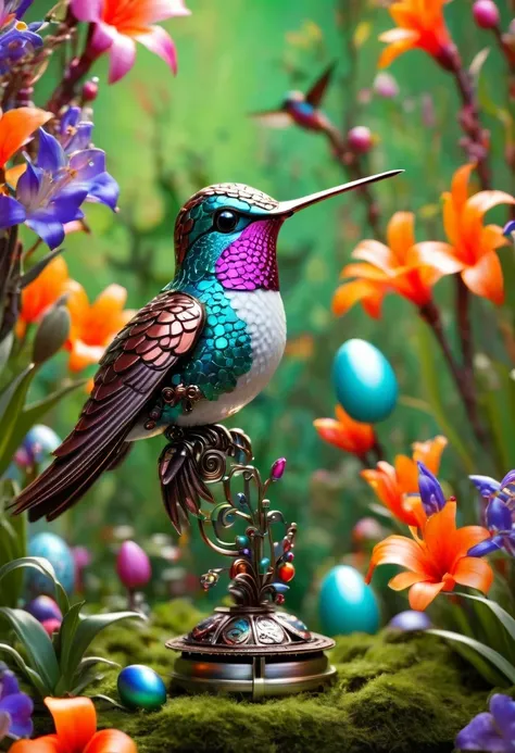 (masterpiece, best quality:1.2), easter style, 一个可爱的机械hummingbird穿着easter style, Made of exquisite copper and silver components,Eyes like glowing gems, Stand in a fantasy garden full of steampunk Easter elements. hummingbird holding an easter egg,Surround...