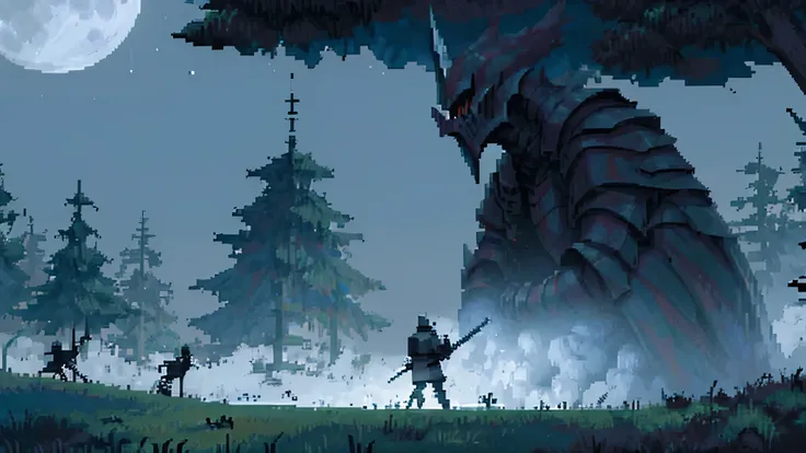 pixel art, medieval, dark and hazy sky, a warrior holding a blind sword, fully equipped with armor, fighting among surrounding monsters, the title at the top is called "20 minutes", dark background, high detail, no light, Pixel art of a woods landscape in ...