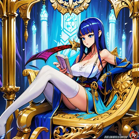 girl. a world of swords and sorcery. sitting in a chair, reading. white underwear. the bangs are cut in a straight line to the s...