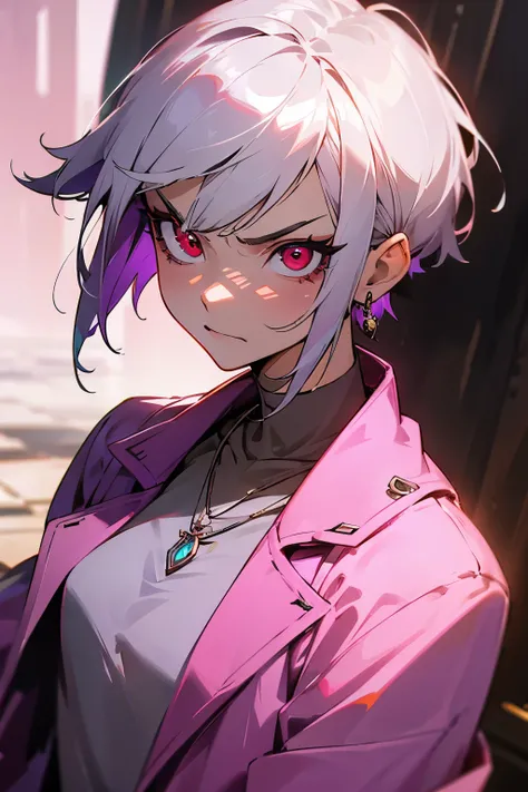 avatar,short hair, silver necklace, purple shirt,pink jacket, earrings, young female, angry, red eyes, sunlight
