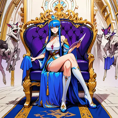 (majestic), beautiful queen, girl. a world of swords and sorcery. sitting in a chair, reading. white underwear. the bangs are cu...