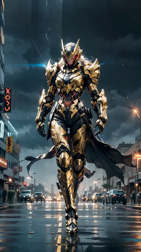 A woman adorned in fantasy-style full-body armor, a crown-concept fully enclosed helmet that unveils only her eyes, a composite layered chest plate, fully encompassing shoulder and hand guards, a lightweight waist armor, form-fitting shin guards, the overa...