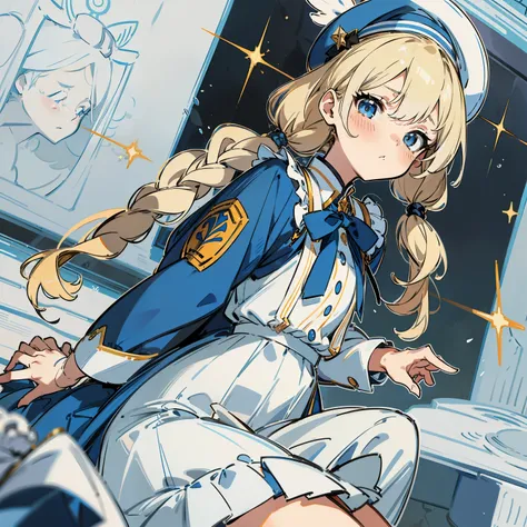 Extreme refinement, 1girl in、tsundere look、A pure girl, , plain white dress, smock dress, military style, blue accents, gold hardware, short pleated skirt, beret, blue accents, babydoll dress, long wavy hair, blonde hair, platinum hair, pigtails, braided p...