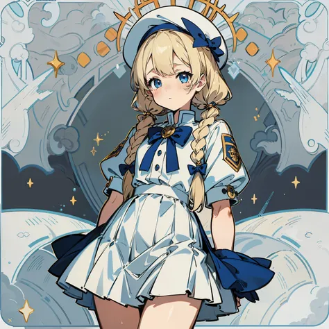 Extreme refinement, 1girl in、tsundere look、A pure girl, , plain white dress, smock dress, military style, blue accents, gold hardware, short pleated skirt, beret, blue accents, babydoll dress, long wavy hair, blonde hair, platinum hair, pigtails, braided p...