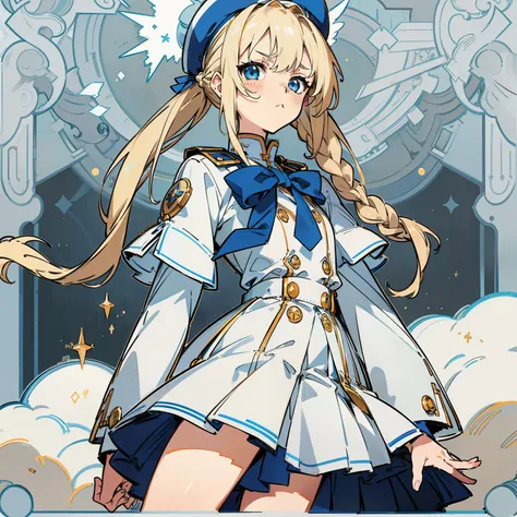 Extreme refinement, 1girl in、tsundere look、scowl, A pure girl, plain white dress, military style, blue accents, gold hardware, short pleated skirt, mage outfit, Lolita, military Lolita, miniskirt, beret, blue accents, babydoll dress, long wavy hair, blonde...