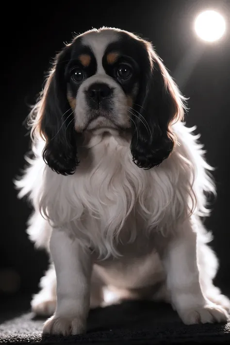 (Black and white English cocker spaniel), alone, backlight, (close up:1.2), 3 point lighting