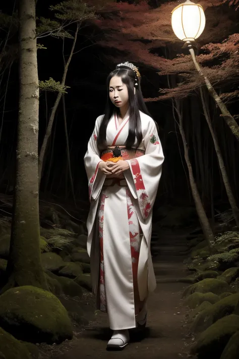 Japanese queen in a white kimano, walking through the Aokigahara forest at night, black flowing hair, mystical forest, horror photo realism style, It’s night in the forest, there is no road, there is dirt underfoot